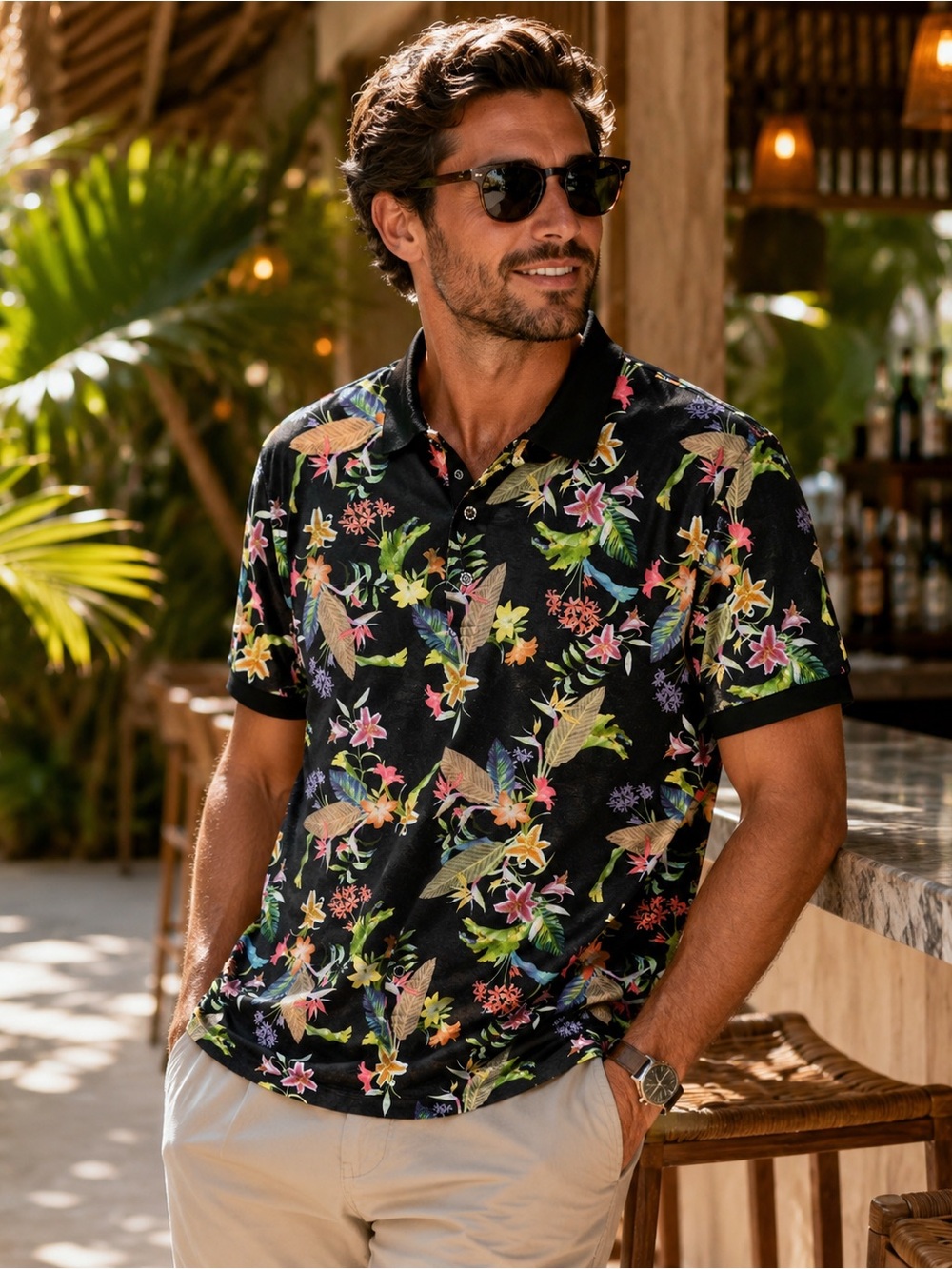 Floral Polo Shirt Men’s Large Black Modal Stretch Tropical Resort
